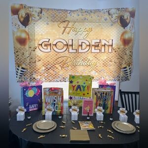 HAPPY GOLDEN BIRTHDAY BANNER BACKDROP. PARTY DECOR. UNISEX. GOLD AND WHITE.